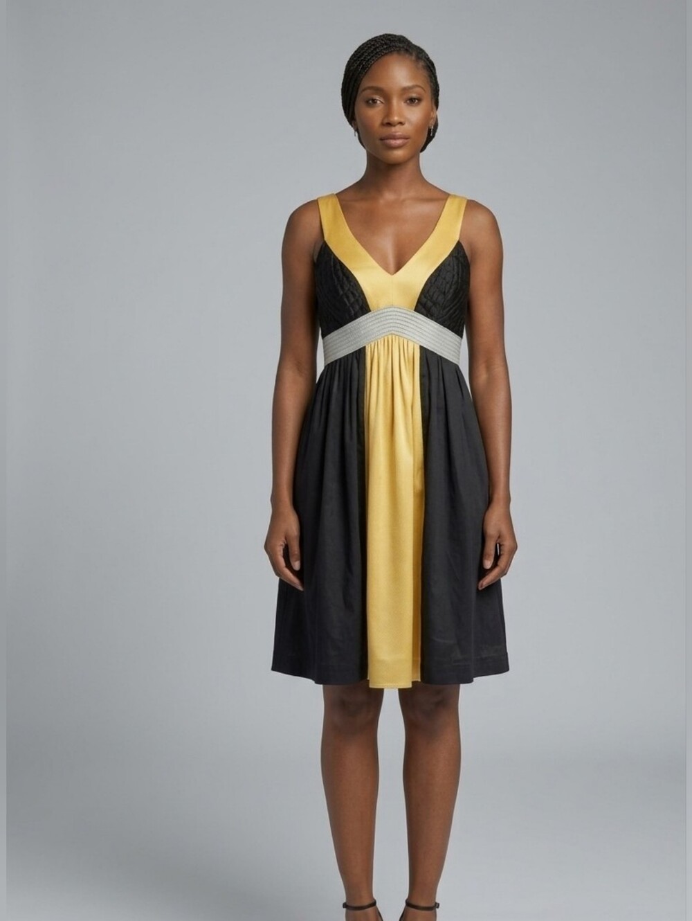 Arden B Yellow and Black V-Neck Empire Waist Dress